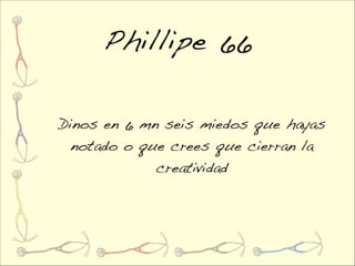 Phillipe 66

Dinos en 6 mn seis miedos que hayas
  notado o que crees que cierran la
             creatividad
 