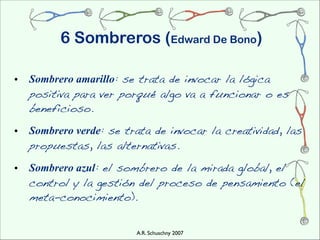 6 Sombreros (Edward De Bono)

•   Sombrero amarillo: se trata de invocar la lógica
    positiva para ver porqué algo va a funcionar o es
    beneficioso.

•   Sombrero verde: se trata de invocar la creatividad, las
    propuestas, las alternativas.

•   Sombrero azul: el sombrero de la mirada global, el
    control y la gestión del proceso de pensamiento (el
    meta-conocimiento).


                         A.R. Schuschny 2007
 