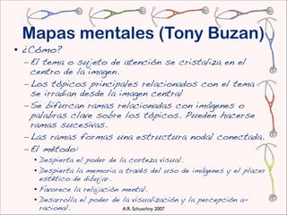 Mapas mentales (Tony Buzan)
• ¿Cómo?
 – El tema o sujeto de atención se cristaliza en el
   centro de la imagen.
 – Los tópicos principales relacionados con el tema
   se irradian desde la imagen central
 – Se bifurcan ramas relacionadas con imágenes o
   palabras clave sobre los tópicos. Pueden hacerse
   ramas sucesivas.
 – Las ramas formas una estructura nodal conectada.
 – El método:
   • Despierta el poder de la corteza visual.
   • Despierta la memoria a través del uso de imágenes y el placer
     estético de dibujar.
   • Favorece la relajación mental.
   • Desarrolla el poder de la visualización y la percepción a-
     racional.              A.R. Schuschny 2007
 
