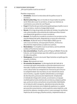 4
·
CÓMO
MEJOR
AR
L
A
CREATIVIDAD
132 6. creatividad cotidiana
¿Por qué el pollo cruzó la carretera?
Posibles respuestas:
• Aristóteles. Está en la naturaleza de los pollos cruzar la
carretera.
• Martin Luther King. Veo un mundo en el que todos los pollos
serán libres de cruzar la carretera, sin que sus motivos se
cuestionen y sus actos los sacrifiquen.
• Freud. El hecho de que estés preocupado porque el pollo cruce o
no la carretera, revela tu inseguridad sexual.
• Darwin. A lo largo de grandes períodos de tiempo, los pollos han
sido seleccionados naturalmente de modo que ahora tienen
una disposición genética a cruzar carreteras.
• Einstein. Si el pollo ha cruzado la carretera o la carretera se ha
movido debajo del pollo, depende de tu marco de referencia.
• Bill Gates. Acabo de lanzar el Pollo Office 2018, que no
solo cruza carreteras, sino que pone huevos, archiva tus
documentos importantes y cuadra tus cuentas.
• Nostradamus. Y si el pollo cruza la carretera, será la señal de
cambio al final de los tiempos.
• Una reina de belleza. El pollo, junto al Papa y la Madre Teresa de
Calcuta, son los personajes que más admiro, por eso dedicaré
mi vida a los pollos.
• Shakespeare. ¡Cruzar o no cruzar! Aquí tenemos un pollo que ha
resuelto el dilema.
• Camus. Mon poulet est mort.
• Un consultor de empresas. La desregulación del lado de la
carretera del pollo amenazaba su posición dominante en el
mercado. El pollo se enfrentaba a importantes retos para
crear y desarrollar las competencias necesarias para encarar
la competitividad. Eso nos llevó, en una relación de asocio
con el cliente, a ayudar al pollo rediseñando su estrategia
de distribución y procesos de implantación. Empleando
el método de integración avícola, se convocó a un equipo
multidisciplinario de analistas de carreteras y mejores pollos
que, junto con otros consultores con profundas habilidades
en la industria del transporte, abordaron durante dos días
una serie de reuniones con el objeto de apalancar su capital
personal de conocimiento, tanto explícito como implícito, y de
permitirles obtener sinergias entre sí, para conseguir las metas
implícitas de la entrega y diseño exitoso, implementando un
 
