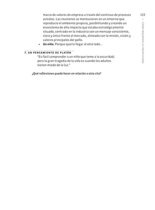 4
·
CÓMO
MEJOR
AR
L
A
CREATIVIDAD
133
marco de valores de empresa a través del continuo de procesos
avícolas. Las reuniones se mantuvieron en un entorno que
reproducía el ambiente propicio, posibilitando y creando un
ecosistema de alto impacto que estaba estratégicamente
situado, centrado en la industria con un mensaje consistente,
claro y único frente al mercado, alineado con la misión, visión y
valores principales del pollo.
• Un niño: Porque quería llegar al otro lado...
7. un pensamiento de platón
“Es fácil comprender a un niño que teme a la oscuridad;
pero la gran tragedia de la vida es cuando los adultos
tienen miedo de la luz.”
¿Qué reflexiones puede hacer en relación a esta cita?
 