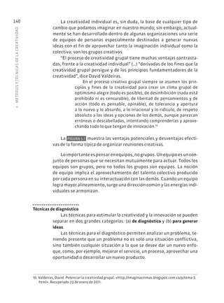 5
·
MÉTODOS
Y
TÉCNIC
AS
DE
L
A
CREATIVIDAD
140 La creatividad individual es, sin duda, la base de cualquier tipo de
cambio que podamos imaginar en nuestro mundo; sin embargo, actual-
mente se han desarrollado dentro de algunas organizaciones una serie
de equipos de personas especialmente destinados a generar nuevas
ideas con el fin de aprovechar tanto la imaginación individual como la
colectiva: son los grupos creativos.
“El proceso de creatividad grupal tiene muchas ventajas contrasta-
das, frente a la creatividad individual” (…) “derivadas de los fines que la
creatividad grupal persigue y de los principios fundamentadores de la
creatividad”, dice David Valdeiras.
En el proceso creativo grupal siempre se asumen los prin-
cipios y fines de la creatividad para crear un clima grupal de
optimismo alegre (todo es posible), de desinhibición (nada está
prohibido ni es censurable), de libertad de pensamientos y de
acción (todo es pensable, opinable), de tolerancia y apertura
a lo nuevo y lo absurdo, a lo irracional y lo ridículo, de respeto
absoluto a las ideas y opciones de los demás, aunque parezcan
erróneas o descabelladas, intentando comprenderlas y aprove-
chando todo lo que tengan de innovación.10
La FIGURA 5.1 muestra las ventajas potenciales y desventajas efecti-
vas de la forma típica de organizar reuniones creativas.
Lo importante es pensar en equipos, no grupos. Un equipo es un con-
junto de personas que se necesitan mutuamente para actuar. Todos los
equipos son grupos, pero no todos los grupos son equipos. La noción
de equipo implica el aprovechamiento del talento colectivo producido
por cada persona en su interactuación con las demás. Cuando un equipo
logra mayor alineamiento, surge una dirección común y las energías indi-
viduales se armonizan.
Técnicas de diagnóstico
Las técnicas para estimular la creatividad y la innovación se pueden
separar en dos grandes categorías: (a) de diagnóstico y (b) para generar
ideas.
Las técnicas para el diagnóstico permiten analizar un problema, te-
niendo presente que un problema no es solo una situación conflictiva,
sino también cualquier situación a la que se desee dar un nuevo enfo-
que, como, por ejemplo, mejorar el servicio, un proceso, aprovechar una
oportunidad o desarrollar un nuevo producto.
10. Valdeiras, David. Potenciar la creatividad grupal. «http://imaginasinmas.blogspot.com.co/p/tema-3.
html». Recuperado 23 de enero de 2011.
 