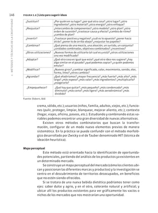 5
·
MÉTODOS
Y
TÉCNIC
AS
DE
L
A
CREATIVIDAD
146
crema, sólido, etc.); usuarios (niños, familia, adultos, viejos, etc.); funcio-
nes (pulir, proteger, limpiar, blanquear, mejorar aliento, etc.); contexto
(hogar, viajes, oficina, paseos, etc.). Estudiando y combinando estas va-
riables podemos encontrar una gran diversidad de nuevas alternativas.
Existen otros métodos combinatorios que buscan la transfor-
mación, configurar de un modo nuevo elementos previos de manera
sistemática. En la práctica se puede confundir con el método morfoló-
gico desarrollado por Zwicky o el de Tauber denominado HIT (técnica de
ideación heurística).
Mapa perceptual
Este método está orientado hacia la identificación de oportunida-
des potenciales, partiendo del análisis de los productos ya existentes en
un determinado mercado.
Se construye un mapa perceptual del mercado (cómo los clientes ubi-
can y posicionan las diferentes marcas y productos) y la investigación se
centra en el descubrimiento de territorios desocupados, en beneficios
que no estén siendo ofrecidos.
Si se tratara de una nueva bebida dietética podríamos tener como
ejes: sabor dulce y agrio, y en el otro, colorante natural y artificial; y
ubicar allí los productos existentes para ver gráficamente los vacíos o
nichos de los mercados que nos mostrarían una oportunidad.
¿Sustituir? ¿Por quién en su lugar? ¿por qué otra cosa? ¿otro lugar? ¿otro
ingrediente? ¿otro material? ¿otra energía? ¿otro enfoque?
¿Reajustar? ¿Intercambio de componentes? ¿otro modelo? ¿otro plan? ¿otro
orden de sucesión? ¿trastocar causa y efecto? ¿cambio de ritmo?
¿cambio de plan?
¿Invertir? ¿Trastocar positivo y negativo? ¿cuál es lo opuesto? ¿poner hacia
atrás? ¿poner lo de arriba abajo? ¿reajustar los papeles?
¿Combinar? ¿Qué piensa de una mezcla, una aleación, un surtido, un conjunto?
¿unidades combinadas, objetivos combinados? ¿incentivos?
¿Otras utilizaciones? ¿Nuevas formas de utilizarlo tal cual es y está? ¿otras utilizaciones
una vez modificado?
¿Adaptar? ¿Qué otra cosa es igual que esto? ¿qué otra idea nos sugiere? ¿hay
algo similar en el pasado? ¿qué podemos copiar? ¿a quién podemos
emular?
¿Modificar? ¿Nuevos giros? ¿cambiar significado, color, movimiento, sonido, olor,
forma, línea? ¿otros cambios?
¿Agrandar? ¿Qué añadiríamos? ¿mayor frecuencia? ¿más fuerte? ¿más alto? ¿más
largo? ¿más espeso? ¿más valor? ¿más ingredientes? ¿multiplicarlo?
¿exagerarlo?
¿Empequeñecer? ¿Qué hay que quitar? ¿más pequeño? ¿más condensado? ¿más
diminuto? ¿más corto? ¿más ligero? ¿más aerodinámico? ¿más
dividido?
figura 5.6 | Lista para sugerir ideas
Fuente: Osborn, ibíd.
 