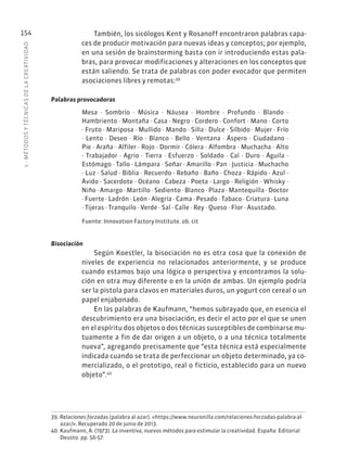 5
·
MÉTODOS
Y
TÉCNIC
AS
DE
L
A
CREATIVIDAD
154 También, los sicólogos Kent y Rosanoff encontraron palabras capa-
ces de producir motivación para nuevas ideas y conceptos; por ejemplo,
en una sesión de brainstorming basta con ir introduciendo estas pala-
bras, para provocar modificaciones y alteraciones en los conceptos que
están saliendo. Se trata de palabras con poder evocador que permiten
asociaciones libres y remotas:39
Palabras provocadoras
Bisociación
Según Koestler, la bisociación no es otra cosa que la conexión de
niveles de experiencia no relacionados anteriormente, y se produce
cuando estamos bajo una lógica o perspectiva y encontramos la solu-
ción en otra muy diferente o en la unión de ambas. Un ejemplo podría
ser la pistola para clavos en materiales duros, un yogurt con cereal o un
papel enjabonado.
En las palabras de Kaufmann, “hemos subrayado que, en esencia el
descubrimiento era una bisociación, es decir el acto por el que se unen
en el espíritu dos objetos o dos técnicas susceptibles de combinarse mu-
tuamente a fin de dar origen a un objeto, o a una técnica totalmente
nueva”, agregando precisamente que “esta técnica está especialmente
indicada cuando se trata de perfeccionar un objeto determinado, ya co-
mercializado, o el prototipo, real o ficticio, establecido para un nuevo
objeto”.40
39. Relaciones forzadas (palabra al azar). «https://www.neuronilla.com/relaciones-forzadas-palabra-al-
azar/». Recuperado 20 de junio de 2013.
40. Kaufmann, A. (1973). La inventiva, nuevos métodos para estimular la creatividad. España: Editorial
Deusto. pp. 56-57.
Mesa · Sombrío · Música · Náusea · Hombre · Profundo · Blando ·
Hambriento · Montaña · Casa · Negro · Cordero · Confort · Mano · Corto
· Fruto · Mariposa · Mullido · Mando · Silla · Dulce · Silbido · Mujer · Frío
· Lento · Deseo · Río · Blanco · Bello · Ventana · Áspero · Ciudadano ·
Pie · Araña · Alfiler · Rojo · Dormir · Cólera · Alfombra · Muchacha · Alto
· Trabajador · Agrio · Tierra · Esfuerzo · Soldado · Cal · Duro · Águila ·
Estómago · Tallo · Lámpara · Soñar · Amarillo · Pan · Justicia · Muchacho
· Luz · Salud · Biblia · Recuerdo · Rebaño · Baño · Choza · Rápido · Azul ·
Ávido · Sacerdote · Océano · Cabeza · Poeta · Largo · Religión · Whisky ·
Niño · Amargo · Martillo · Sediento · Blanco · Plaza · Mantequilla · Doctor
· Fuerte · Ladrón · León · Alegría · Cama · Pesado · Tabaco · Criatura · Luna
· Tijeras · Tranquilo · Verde · Sal · Calle · Rey · Queso · Flor · Asustado.
Fuente: Innovation Factory Institute. ob. cit
 