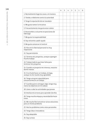 6
·
DE
L
A
IDEA
A
L
A
PR
ÁCTIC
A:
INNOVACIÓN
188
6 5 4 3 2 1 0
1. Normalmente hago las cosas a mi manera
2. Tiendo a rebelarme contra la autoridad
3. Tengo la reputación de ser tozudo/a
4. Me gusta tomar la iniciativa
5. Frecuentemente me gusta estar solo/a
6. Acostumbro a situarme en posiciones de
liderazgo
7. Me gusta la responsabilidad
8. Soy reticente a pedir ayuda
9. Me gusta conservar el control
10. Para mí la libertad personal es muy
importante
11. Soy persistente
12. Termino mis proyectos, aunque supongan
mucho trabajo
13. Trabajo todo lo que hace falta para
terminar mis proyectos
14. Cuando un proyecto me interesa, necesito
dormir menos
15. Si se ha de hacer un trabajo, lo hago,
aunque no me resulte muy agradable
16. Tengo una gran capacidad para
concentrarme en un trabajo
17. Cuando quiero conseguir algo, tengo muy
claros los objetivos en mi cabeza
18. Llevo a cabo las actividades que preveo
19. Analizo mis errores para aprender de ellos
20. Tengo mucho empuje y necesidad de hacer
cosas
21. Me resulta fácil encontrar varias soluciones
para un mismo problema
22. Veo los problemas como retos personales
23. Tengo ideas innovadoras
24. Soy adaptable
25. Soy curioso
 