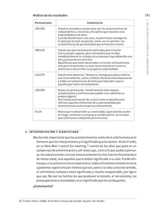 6
·
DE
L
A
IDEA
A
L
A
PR
ÁCTIC
A:
INNOVACIÓN
191
Análisis de los resultados
Puntuaciones Comentarios
320-360 Usted se considera una persona con las características de
independencia, iniciativa y disciplina que necesita un/a
emprendedor/a de éxito.
Cuando decide hacer una cosa, no para hasta conseguirla.
Si opta por la auto ocupación, tiene –en su opinión– las
características de personalidad que le llevarán al éxito.
280-319 Usted cree que tiene buenas aptitudes para triunfar
con su propio negocio, pero convendría que no deje
inmediatamente su trabajo actual porque haya obtenido una
alta puntuación en este test.
Aquellos/as que están destinados a triunfar utilizarán este
test para incrementar su auto conocimiento en tanto se
aventuran a desarrollar su proyecto emprendedor.
210-279 Usted tiene potencial. Tómese su tiempo para desarrollarse.
Lea intensamente, asista a talleres de desarrollo empresarial
y hable con empresarios de éxito para descubrir qué es
aquello que hacen correctamente.
120-209 Actúe con precaución. Usted necesita más empuje,
autodisciplina y confianza para poder tirar adelante su
propio negocio.
Vea la baja puntuación de su test como un desafío para
reforzar aquellos elementos de su personalidad que
necesitará para auto ocuparse exitosamente.
0-119 Hasta que no desarrolle su creatividad, capacidad de asumir
el riesgo, aumentar su empuje y autodisciplina, sería mejor
que continuase trabajando para terceros.
4. interpretación y significado
Mucho más importante que los acontecimientos reales de la vida humana es la
formaenquelosinterpretamosyelsignificadoquelesdamos.VíctorFrankl,
en su libro Man´s search for meaning,56
cuenta de los años que pasó en un
campo nazi de exterminación y allí relata que, contra lo que pudiera pensar-
se, los sobrevivientes no eran necesariamente los más fuertes físicamente o
de menor edad, sino aquellos que le daban significado a su vida. Frankl afir-
maque,silaexistenciatieneimportancia,todosufrimientotambiénlotiene
y podemos soportarlo por intenso que sea; pero si la vida carece de sentido,
el sufrimiento tampoco tiene significado y resulta insoportable, por ligero
que sea. No son los hechos los que producen la tensión, el nerviosismo, las
preocupaciones o ansiedades; es el significado que les atribuyamos.
¿Comentarios?
56. Frankl, Viktor. (1998). El hombre en busca de sentido. España: Ed. Herder.
 