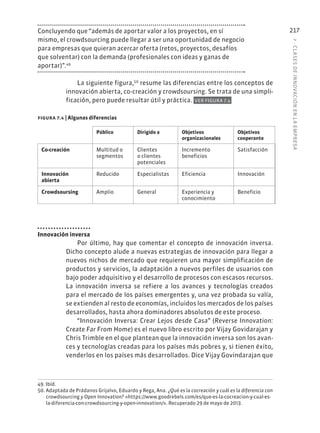 7
·
CL
ASES
DE
INNOVACIÓN
EN
L
A
EMPRESA
217
Concluyendo que “además de aportar valor a los proyectos, en sí
mismo, el crowdsourcing puede llegar a ser una oportunidad de negocio
para empresas que quieran acercar oferta (retos, proyectos, desafíos
que solventar) con la demanda (profesionales con ideas y ganas de
aportar)”.49
La siguiente figura,50
resume las diferencias entre los conceptos de
innovación abierta, co-creación y crowdsoursing. Se trata de una simpli-
ficación, pero puede resultar útil y práctica. VER FIGURA 7.4
figura 7.4 | Algunas diferencias
Público Dirigido a Objetivos
organizacionales
Objetivos
cooperante
Co-creación Multitud o
segmentos
Clientes
o clientes
potenciales
Incremento
beneficios
Satisfacción
Innovación
abierta
Reducido Especialistas Eficiencia Innovación
Crowdsoursing Amplio General Experiencia y
conocimiento
Beneficio
Innovación inversa
Por último, hay que comentar el concepto de innovación inversa.
Dicho concepto alude a nuevas estrategias de innovación para llegar a
nuevos nichos de mercado que requieren una mayor simplificación de
productos y servicios, la adaptación a nuevos perfiles de usuarios con
bajo poder adquisitivo y el desarrollo de procesos con escasos recursos.
La innovación inversa se refiere a los avances y tecnologías creados
para el mercado de los países emergentes y, una vez probada su valía,
se extienden al resto de economías, incluidos los mercados de los países
desarrollados, hasta ahora dominadores absolutos de este proceso.
“Innovación Inversa: Crear Lejos desde Casa” (Reverse Innovation:
Create Far From Home) es el nuevo libro escrito por Vijay Govidarajan y
Chris Trimble en el que plantean que la innovación inversa son los avan-
ces y tecnologías creadas para los países más pobres y, si tienen éxito,
venderlos en los países más desarrollados. Dice Vijay Govindarajan que
49. Ibíd.
50. Adaptada de Prádanos Grijalvo, Eduardo y Rega, Ana. ¿Qué es la cocreación y cuál es la diferencia con
crowdsourcing y Open Innovation? «https://www.goodrebels.com/es/que-es-la-cocreacion-y-cual-es-
la-diferencia-con-crowdsourcing-y-open-innovation/». Recuperado 29 de mayo de 2013.
 
