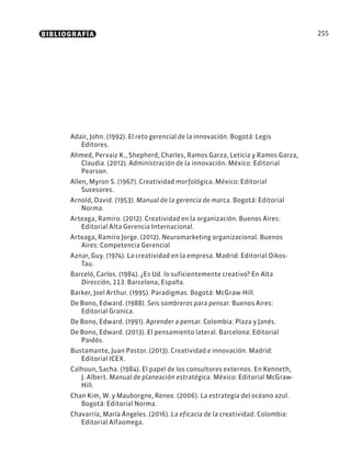 255
BIBLIOGRAFÍA
Adair, John. (1992). El reto gerencial de la innovación. Bogotá: Legis
Editores.
Ahmed, Pervaiz K., Shepherd, Charles, Ramos Garza, Leticia y Ramos Garza,
Claudia. (2012). Administración de la innovación. México: Editorial
Pearson.
Allen, Myron S. (1967). Creatividad morfológica. México: Editorial
Sucesores.
Arnold, David. (1953). Manual de la gerencia de marca. Bogotá: Editorial
Norma.
Arteaga, Ramiro. (2012). Creatividad en la organización. Buenos Aires:
Editorial Alta Gerencia Internacional.
Arteaga, Ramiro Jorge. (2012). Neuromarketing organizacional. Buenos
Aires: Competencia Gerencial
Aznar, Guy. (1974). La creatividad en la empresa. Madrid: Editorial Oikos-
Tau.
Barceló, Carlos. (1984). ¿Es Ud. lo suficientemente creativo? En Alta
Dirección, 113. Barcelona, España.
Barker, Joel Arthur. (1995). Paradigmas. Bogotá: McGraw-Hill.
De Bono, Edward. (1988). Seis sombreros para pensar. Buenos Aires:
Editorial Granica.
De Bono, Edward. (1991). Aprender a pensar. Colombia: Plaza y Janés.
De Bono, Edward. (2013). El pensamiento lateral. Barcelona: Editorial
Paidós.
Bustamante, Juan Pastor. (2013). Creatividad e innovación. Madrid:
Editorial ICEX.
Calhoun, Sacha. (1984). El papel de los consultores externos. En Kenneth,
J. Albert. Manual de planeación estratégica. México: Editorial McGraw-
Hill.
Chan Kim, W. y Mauborgne, Renee. (2006). La estrategia del océano azul.
Bogotá: Editorial Norma.
Chavarría, María Ángeles. (2016). La eficacia de la creatividad. Colombia:
Editorial Alfaomega.
 