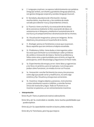 1
·
ACERC
A
DE
L
A
CREATIVIDAD:
CONCEPTO
Y
DESARROLLO
41
❏
❏ 7.❏Lenguajes creativos: se expresa indistintamente con palabras
(lenguaje verbal), con diseño y garabatos (lenguaje plástico),
con gestos (lenguaje corporal) y sonidos (lenguaje musical).
❏
❏ 8.❏Variedad y abundancia de información: maneja
muchos datos, muy diversos, y los combina de modo
variado para obtener ricas y sorprendentes síntesis.
❏
❏ 9.❏Fluencia: tiene una fácil y rica evocación de los datos
de la conciencia mediante la libre asociación de ideas sin
autocensuras ni bloqueos y mediante el automatismo de la
escritura y el comportamiento o dramatización de los mismos.
❏
❏ 10.❏Visualización imaginativa: piensa en imágenes. Ve los
objetivos y los procesos en la pantalla de la mente.
❏
❏ 11.❏Analogía: piensa en fenómenos o cosas que se parecen.
Busca aquellas que son similares al objeto estudiado.
❏
❏ 12.❏Problemas y fallos: tiene dudas e interrogantes sobre
las cosas que estimulan su curiosidad por saber y el deseo
de cambio e innovación de mejora. Siente los problemas y
fallos como retos y oportunidades para el éxito, en lugar de
preocuparse, sentir desasosiego y angustiarse sin hacer nada.
❏
❏ 13.❏Experimentos de ensayo y error: tiene ideas y sugerencias
y las lleva a la práctica, para ver qué pasa. Las ensaya para
probar cómo funcionan, sin miedo al error o al fracaso.
❏
❏ 14.❏Innovación: concibe fácilmente las cosas y los procesos
como algo que puede variar y modificarse, no como algo
estático y fijo. Visualiza y ensaya esas variaciones.
❏
❏ 15.❏Inventiva: imagina objetos y procesos, instrumentos
y retos totalmente nuevos e inéditos, y concibe formas
únicas de resolución y logro. Todo ser humano es un
inventor en potencia, un ser eminentemente inventivo.
• Interpretación
Entre 75 y 61: Tiene un potencial creativo sobresaliente.
Entre 60 y 46: Su creatividad es notable, tiene muchas posibilidades que
puede explotar.
Entre 45 y 31: Su capacidad de creación es buena y debe ampliarla.
Entre 30 y 15: Tiene bases, pero hay que mejorar.
 