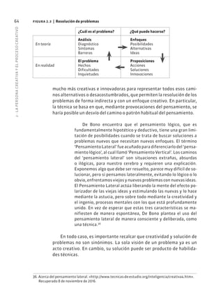 2
·
L
A
PERSONA
CREATIVA
Y
EL
PROCESO
CREATIVO
64
mucho más creativas e innovadoras para representar todos esos cami-
nos alternativos o desacostumbrados, que permiten la resolución de los
problemas de forma indirecta y con un enfoque creativo. En particular,
la técnica se basa en que, mediante provocaciones del pensamiento, se
haría posible un desvío del camino o patrón habitual del pensamiento.
De Bono encuentra que el pensamiento lógico, que es
fundamentalmente hipotético y deductivo, tiene una gran limi-
tación de posibilidades cuando se trata de buscar soluciones a
problemas nuevos que necesitan nuevos enfoques. El término
‘Pensamiento Lateral’ fue acuñado para diferenciarlo del ‘pensa-
miento lógico’, al cual llamó ‘Pensamiento Vertical’. Los caminos
del ‘pensamiento lateral’ son situaciones extrañas, absurdas
o ilógicas, para nuestro cerebro y requieren una explicación.
Exponemos algo que debe ser resuelto, parece muy difícil de so-
lucionar, pero si pensamos lateralmente, evitando lo lógico o lo
obvio, enfrentamos viejos y nuevos problemas con nuevas ideas.
El Pensamiento Lateral actúa liberando la mente del efecto po-
larizador de las viejas ideas y estimulando las nuevas y lo hace
mediante la astucia, pero sobre todo mediante la creatividad y
el ingenio, procesos mentales con los que está profundamente
unido. En vez de esperar que estas tres características se ma-
nifiesten de manera espontánea, De Bono plantea el uso del
pensamiento lateral de manera consciente y deliberada, como
una técnica.36
En todo caso, es importante recalcar que creatividad y solución de
problemas no son sinónimos. La sola visión de un problema ya es un
acto creativo. En cambio, su solución puede ser producto de habilida-
des técnicas.
36. Acerca del pensamiento lateral. «http://www.tecnicas-de-estudio.org/inteligencia/creativa4.htm».
Recuperado 8 de noviembre de 2016.
figura 2.3 | Resolución de problemas
¿Cuál es el problema? ¿Qué puede hacerse?
En teoría
Análisis
Diagnóstico
Síntomas
Barreras
Enfoques
Posibilidades
Alternativas
Ideas
En realidad
El problema
Hechos
Dificultades
Inquietudes
Proposiciones
Acciones
Soluciones
Innovaciones
 