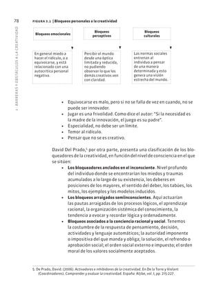 3
·
BARRER
AS
Y
OBSTÁCULOS
A
L
A
CREATIVIDAD
78
• Equivocarse es malo, pero si no se falla de vez en cuando, no se
puede ser innovador.
• Jugar es una frivolidad. Como dice el autor: “Si la necesidad es
la madre de la innovación, el juego es su padre”.
• Especialidad, no debe ser un límite.
• Temor al ridículo.
• Pensar que no se es creativo.
David Del Prado,5
por otra parte, presenta una clasificación de los blo-
queadores de la creatividad, en función del nivel de consciencia en el que
se sitúen:
• Los bloqueadores anclados en el inconsciente. Nivel profundo
del individuo donde se encontrarían los miedos y traumas
acumulados a lo largo de su existencia, los deberes en
posiciones de los mayores, el sentido del deber, los tabúes, los
mitos, los ejemplos y los modelos inducidos.
• Los bloqueos arraigados semiinconscientes. Aquí actuarían
las pautas arraigadas de los procesos lógicos, el aprendizaje
racional, la organización sistémica del conocimiento, la
tendencia a evocar y recordar lógica y ordenadamente.
• Bloqueos asociados a la conciencia racional y social. Tenemos
la costumbre de la respuesta de pensamiento, decisión,
actividades y lenguaje automáticos; la autoridad imponente
o impositiva del que manda y obliga; la solución, el refrendo o
aprobación social; el orden social externo e impuesto; el orden
moral de los valores socialmente aceptados.
5. De Prado, David. (2006). Activadores e inhibidores de la creatividad. En De la Torre y Violant
(Coordinadores). Comprender y evaluar la creatividad. España: Aljibe, vol. I, pp. 215-227.
figura 3.1 | Bloqueos personales a la creatividad
Bloqueos emocionales
Bloqueos
perceptivos
Bloqueos
culturales
En general miedo a
hacer el ridículo, o a
equivocarse, y está
relacionado con una
autocrítica personal
negativa.
Percibir el mundo
desde una óptica
limitada y reducida,
no pudiendo
observar lo que los
demás creativos ven
con claridad.
Las normas sociales
entrenan al
individuo a pensar
de una manera
determinada y esto
genera una visión
estrecha del mundo.
 