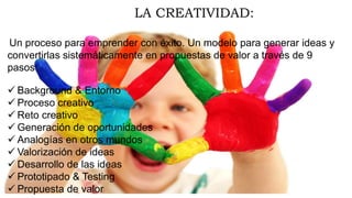 LA CREATIVIDAD:
Un proceso para emprender con éxito. Un modelo para generar ideas y
convertirlas sistemáticamente en propuestas de valor a través de 9
pasos:
 Background & Entorno
 Proceso creativo
 Reto creativo
 Generación de oportunidades
 Analogías en otros mundos
 Valorización de ideas
 Desarrollo de las ideas
 Prototipado & Testing
 Propuesta de valor
 