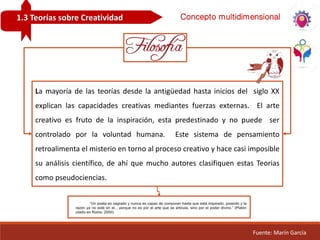 1.3 Teorías sobre Creatividad Concepto multidimensional
La mayoría de las teorías desde la antigüedad hasta inicios del siglo XX
explican las capacidades creativas mediantes fuerzas externas. El arte
creativo es fruto de la inspiración, esta predestinado y no puede ser
controlado por la voluntad humana. Este sistema de pensamiento
retroalimenta el misterio en torno al proceso creativo y hace casi imposible
su análisis científico, de ahí que mucho autores clasifiquen estas Teorias
como pseudociencias.
Fuente: Marín García
 