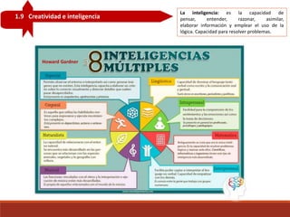 1.9 Creatividad e inteligencia
La inteligencia: es la capacidad de
pensar, entender, razonar, asimilar,
elaborar información y emplear el uso de la
lógica. Capacidad para resolver problemas.
Howard Gardner
 
