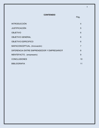 3

CONTENIDO
Pàg.

INTRODUCCIÓN

4

JUSTIFICACIÒN

5

OBJETIVO

6

OBJETIVO GENERAL

6

OBJETIVO ESPECIFICO

6

MAPACONCEPTUAL. (Innovación)

7

DIFERENCIA ENTRE EMPRENDEDOR Y EMPRESARIO?

8

MENTEFACTO. (empresario)

9

CONCLUSIONES

10

BIBLIOGRAFIA

11

 