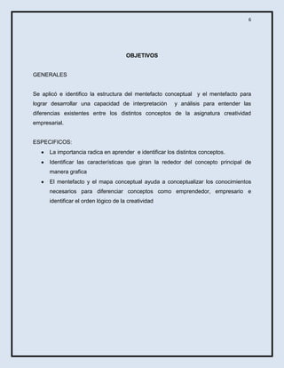 6

OBJETIVOS

GENERALES

Se aplicó e identifico la estructura del mentefacto conceptual y el mentefacto para
lograr desarrollar una capacidad de interpretación

y análisis para entender las

diferencias existentes entre los distintos conceptos de la asignatura creatividad
empresarial.

ESPECIFICOS:
La importancia radica en aprender e identificar los distintos conceptos.
Identificar las características que giran la rededor del concepto principal de
manera grafica
El mentefacto y el mapa conceptual ayuda a conceptualizar los conocimientos
necesarios para diferenciar conceptos como emprendedor, empresario e
identificar el orden lógico de la creatividad

 