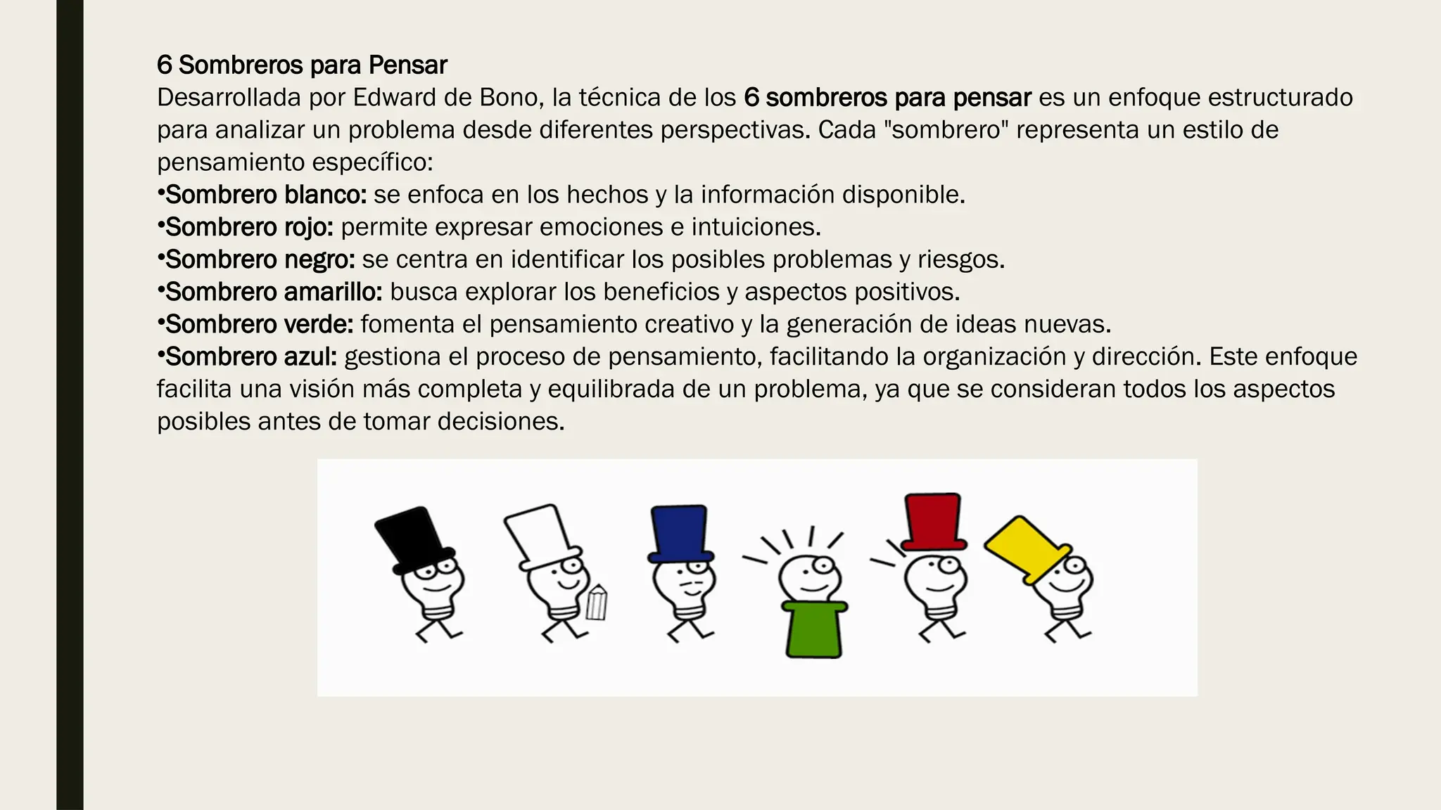 6 Sombreros para Pensar
Desarrollada por Edward de Bono, la técnica de los 6 sombreros para pensar es un enfoque estructurado
para analizar un problema desde diferentes perspectivas. Cada "sombrero" representa un estilo de
pensamiento específico:
•Sombrero blanco: se enfoca en los hechos y la información disponible.
•Sombrero rojo: permite expresar emociones e intuiciones.
•Sombrero negro: se centra en identificar los posibles problemas y riesgos.
•Sombrero amarillo: busca explorar los beneficios y aspectos positivos.
•Sombrero verde: fomenta el pensamiento creativo y la generación de ideas nuevas.
•Sombrero azul: gestiona el proceso de pensamiento, facilitando la organización y dirección. Este enfoque
facilita una visión más completa y equilibrada de un problema, ya que se consideran todos los aspectos
posibles antes de tomar decisiones.
 