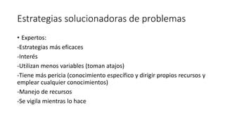 Estrategias solucionadoras de problemas
• Expertos:
-Estrategias más eficaces
-Interés
-Utilizan menos variables (toman atajos)
-Tiene más pericia (conocimiento específico y dirigir propios recursos y
emplear cualquier conocimientos)
-Manejo de recursos
-Se vigila mientras lo hace
 