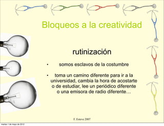 Bloqueos a la creatividad

                                          rutinización
                            •      somos esclavos de la costumbre

                            •     toma un camino diferente para ir a la
                                universidad, cambia la hora de acostarte
                                o de estudiar, lee un periódico diferente
                                   o una emisora de radio diferente…




                                          F. Esteve 2007
martes 1 de mayo de 2012
 