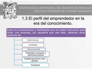 1.3 El perfil del emprendedor en la
era del conocimiento.
Entre los conocimientos y habilidades que se suelen mencionar para
dirigir una empresa, por pequeña que sea ésta, deberías tener
nociones de:
Gestión financiera.
Contabilidad
Estudio de mercados
Publicidad, promoción y
relaciones públicas
Calidad de servicio a los
clientes
Fiscalidad
 