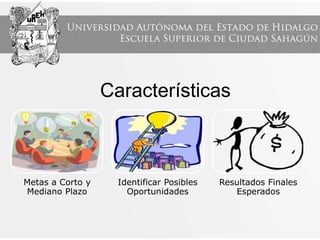 Características
Metas a Corto y
Mediano Plazo
Identificar Posibles
Oportunidades
Resultados Finales
Esperados
 