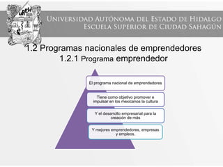 1.2 Programas nacionales de emprendedores
1.2.1 Programa emprendedor
El programa nacional de emprendedores
Tiene como objetivo promover e
impulsar en los mexicanos la cultura
Y el desarrollo empresarial para la
creación de más
Y mejores emprendedores, empresas
y empleos.
 