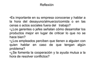Reflexión


•Es importante en su empresa conocerse y hablar a
la hora del desayuno/almuerzo/comida o en las
cenas o actos sociales fuera del trabajo?
•¿Los gerentes o jefes señalan cómo desarrollar los
productos mejor en lugar de criticar lo que no se
hace bien?
•¿Los empleados perciben que tienen a alguien con
quien hablar en caso de que tengan algún
problema?
•¿Se fomenta la cooperación y la ayuda mutua a la
hora de resolver conflictos?
 
