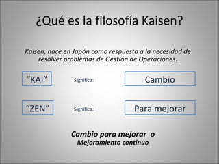 ¿Qué es la filosofía Kaisen? Kaisen, nace en Japón como respuesta a la necesidad de resolver problemas de Gestión de Operaciones. Cambio para mejorar  o Mejoramiento continuo “ KAI” Significa:  Cambio “ ZEN” Significa:  Para mejorar 