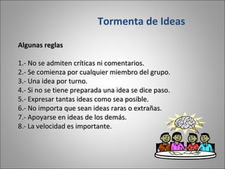 Algunas reglas 1.- No se admiten críticas ni comentarios. 2.- Se comienza por cualquier miembro del grupo. 3.- Una idea por turno. 4.- Si no se tiene preparada una idea se dice paso. 5.- Expresar tantas ideas como sea posible. 6.- No importa que sean ideas raras o extrañas. 7.- Apoyarse en ideas de los demás. 8.- La velocidad es importante. Tormenta de Ideas 