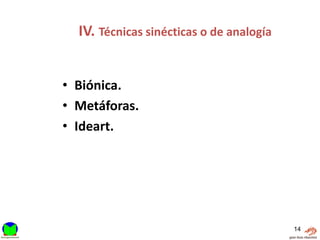 IV. Técnicas sinécticas o de analogía


• Biónica.
• Metáforas.
• Ideart.




                                          14
 