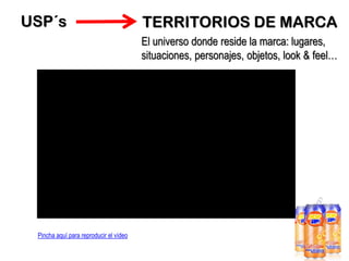 USP´s

TERRITORIOS DE MARCA
El universo donde reside la marca: lugares,
situaciones, personajes, objetos, look & feel…

Pincha aquí para reproducir el vídeo

 