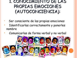 1. CONOCIMIENTO DE LAS1. CONOCIMIENTO DE LAS
PROPIAS EMOCIONESPROPIAS EMOCIONES
(AUTOCONCIENCIA):(AUTOCONCIENCIA):
 Ser consciente de las propias emociones
 Identificarlas correctamente y ponerles
nombre
 Comunicarlas de forma verbal y no verbal
 