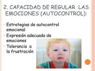 2. CAPACIDAD DE REGULAR LAS
EMOCIONES (AUTOCONTROL):
• Estrategias de autocontrol
emocional
• Expresión adecuada de
emociones
• Tolerancia a
la frustración
 
