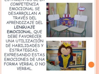 ESTAMENTOS DE LA
COMPETENCIA
EMOCIONAL SE
DESARROLLAN A
TRAVÉS DEL
APRENDIZAJE DEL
LENGUAJE
EMOCIONAL, QUE
DEBE FAVORECER
UNA UTILIZACIÓN
DE HABILIDADES Y
ESTRATEGIAS.
EXPRESANDO ESTAS
EMOCIONES DE UNA
FORMA VERBAL O NO
VERBAL.
 