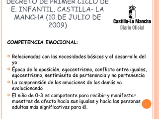 DECRETO DE PRIMER CICLO DE
E. INFANTIL. CASTILLA- LA
MANCHA (10 DE JULIO DE
2009)
COMPETENCIA EMOCIONAL:
 Relacionadas con las necesidades básicas y el desarrollo del
yo
 Época de la oposición, egocentrismo, conflicto entre iguales,
egocentrismo, sentimiento de pertenencia y no pertenencia
 La comprensión de las emociones de los demás va
evolucionando
 El niño de 0-3 es competente para recibir y manifestar
muestras de afecto hacia sus iguales y hacia las personas
adultas más significativas para él.
 