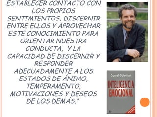 ESTABLECER CONTACTO CON
LOS PROPIOS
SENTIMIENTOS, DISCERNIR
ENTRE ELLOS Y APROVECHAR
ESTE CONOCIMIENTO PARA
ORIENTAR NUESTRA
CONDUCTA, Y LA
CAPACIDAD DE DISCERNIR Y
RESPONDER
ADECUADAMENTE A LOS
ESTADOS DE ÁNIMO,
TEMPERAMENTO,
MOTIVACIONES Y DESEOS
DE LOS DEMÁS.”
 
