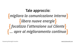 Tale approccio:
migliora la comunicazione interna }
{
libera nuove energie}
{
focalizza l’attenzione sul Cliente}
{
... apre al miglioramento continuo}
{
Empowering Meaningful Innovation

www.lucaleonardini.com

 