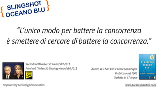 {

HOT
GS
LIN
S
LU
OB
AN
CE
O

}

“L’unico modo per battere la concorrenza
è smettere di cercare di battere la concorrenza.”
Secondi nel Thinkers50 Award del 2011
Primi nel Thinkers50 Strategy Award del 2011

Empowering Meaningful Innovation

Autori: W. Chan Kim e Renée Mauborgne
Pubblicato nel 2005
Tradotto in 37 lingue
www.lucaleonardini.com

 