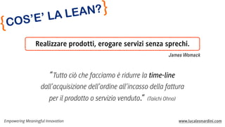 C
{

N?}
EA
AL
’L
S’E
O
Realizzare prodotti, erogare servizi senza sprechi.
James Womack

“Tutto ciò che facciamo è ridurre la time-line
dall’acquisizione dell’ordine all’incasso della fattura
per il prodotto o servizio venduto.” (Taiichi Ohno)
Empowering Meaningful Innovation

www.lucaleonardini.com

 