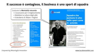 Il successo è contagioso, il business è uno sport di squadra
Costruire la Mentalità vincente
• L’ossessione per il miglioramento
• Debellare la cultura degli alibi
• Il desiderio di sﬁdare i migliori

Empowering Meaningful Innovation

www.lucaleonardini.com

 