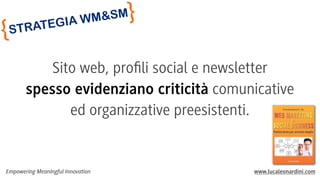 {

}

SM
M&
IA W

EG
RAT
ST

Sito web, proﬁli social e newsletter
spesso evidenziano criticità comunicative
ed organizzative preesistenti.

Empowering Meaningful Innovation

www.lucaleonardini.com

 