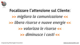 Focalizzare l’attenzione sul Cliente:
>> migliora la comunicazione <<
>> libera risorse e nuove energie <<
>> valorizza le risorse <<
>> diminusce i costi <<
Empowering Meaningful Innovation

www.lucaleonardini.com

 