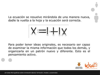 La ecuación se resuelve mirándola de una manera nueva,
dadle la vuelta a la hoja y la ecuación será correcta.




Para poder tener ideas originales, es necesario ser capaz
de examinar la misma información que todos los demás, y
organizarla en un patrón nuevo y diferente. Esto es el
pensamiento activo.
 