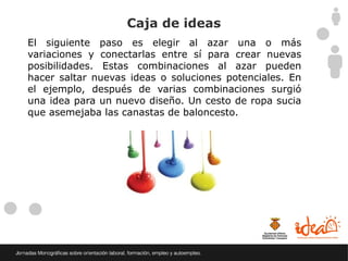 Caja de ideas
El siguiente paso es elegir al azar una o más
variaciones y conectarlas entre sí para crear nuevas
posibilidades. Estas combinaciones al azar pueden
hacer saltar nuevas ideas o soluciones potenciales. En
el ejemplo, después de varias combinaciones surgió
una idea para un nuevo diseño. Un cesto de ropa sucia
que asemejaba las canastas de baloncesto.
 