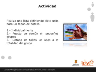 Actividad



Realiza una lista definiendo siete usos
para un tapón de botella.

1.- Individualmente
2.- Puesta en común en pequeños
grupos
3.- Listado de todos los usos a la
totalidad del grupo
 