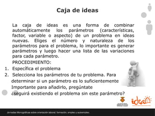 Caja de ideas

    La caja de ideas es una forma de combinar
    automáticamente los parámetros (características,
    factor, variable o aspecto) de un problema en ideas
    nuevas. Eliges el número y naturaleza de los
    parámetros para el problema, lo importante es generar
    parámetros y luego hacer una lista de las variaciones
    para cada parámetro.
    PROCEDIMIENTO:
1. Específica el problema
2. Selecciona los parámetros de tu problema. Para
   determinar si un parámetro es lo suficientemente
   Importante para añadirlo, pregúntate
   ¿seguirá existiendo el problema sin este parámetro?
 