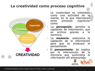 La creatividad como proceso cognitivo
                    La creatividad es entendida
                    como una actividad de la
                    mente, en la que intervienen
                    otros   procesos     cognitivos
                    como:
                  - La percepción: permite la
                    captación de información, que
                    se archiva gracias a la
                    memoria
                  - La memoria: selecciona la
                    captación de la información
                    para que se produzca el
                    pensamiento
                  - El pensamiento: Se explica
                    por la intervención de la
                    memoria que suministra la
                    información allí almacenada
 