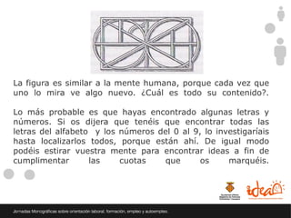 La figura es similar a la mente humana, porque cada vez que
uno lo mira ve algo nuevo. ¿Cuál es todo su contenido?.

Lo más probable es que hayas encontrado algunas letras y
números. Si os dijera que tenéis que encontrar todas las
letras del alfabeto y los números del 0 al 9, lo investigaríais
hasta localizarlos todos, porque están ahí. De igual modo
podéis estirar vuestra mente para encontrar ideas a fin de
cumplimentar       las    cuotas    que      os     marquéis.
 