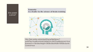Lumosity
is a leader in the science of brain training
http://fast.wistia.net/embed/iframe/fgly5jyiwv?
autoPlay=true&controlsVisibleOnLoad=true&popover=true
&version=v1&videoHeight=360&videoWidth=640&volume
Control=true
Ens posem
a prova?
34
 