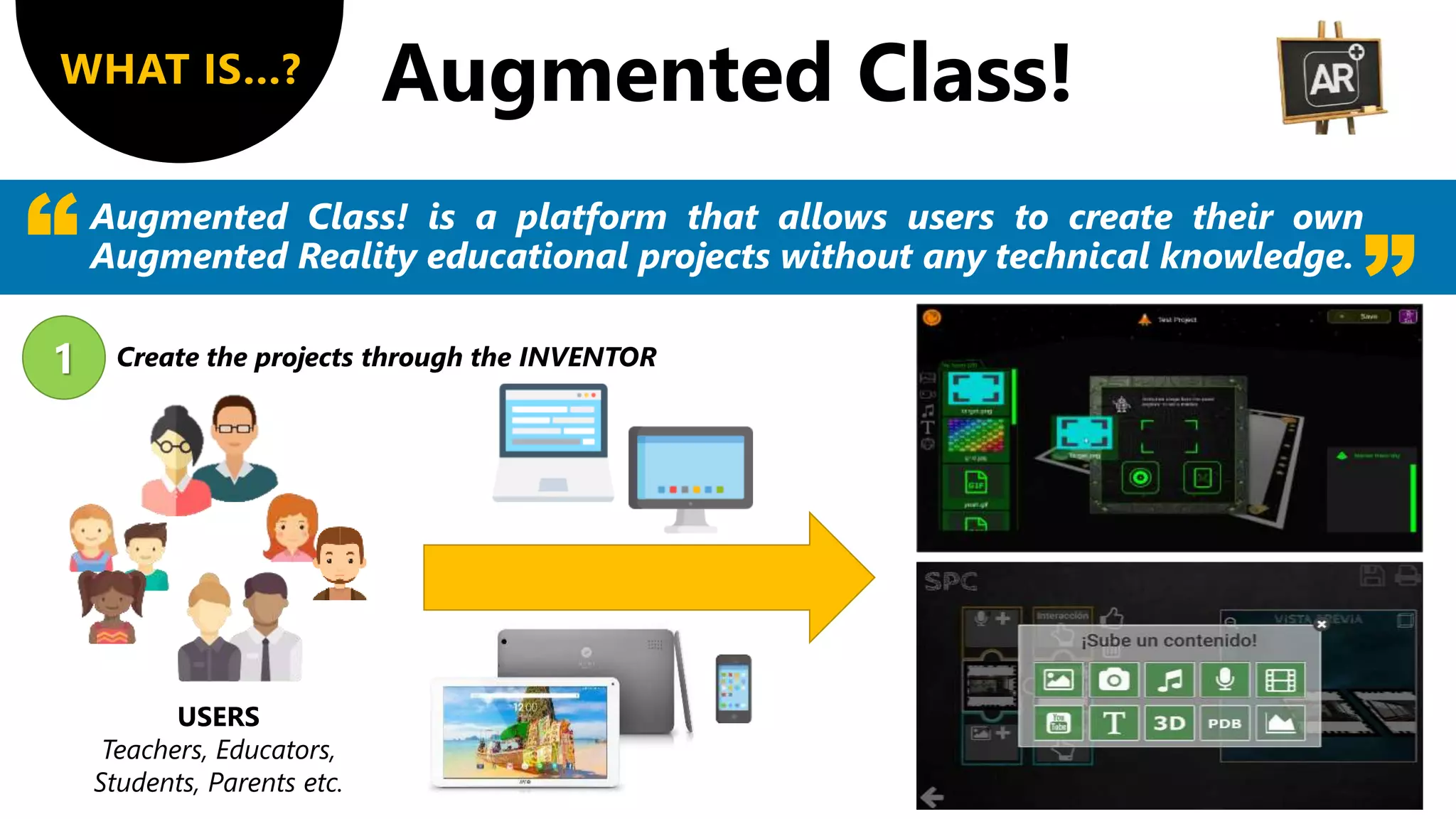 WHAT IS…?
Augmented Class! is a platform that allows users to create their own
Augmented Reality educational projects without any technical knowledge.
1 Create the projects through the INVENTOR
USERS
Teachers, Educators,
Students, Parents etc.